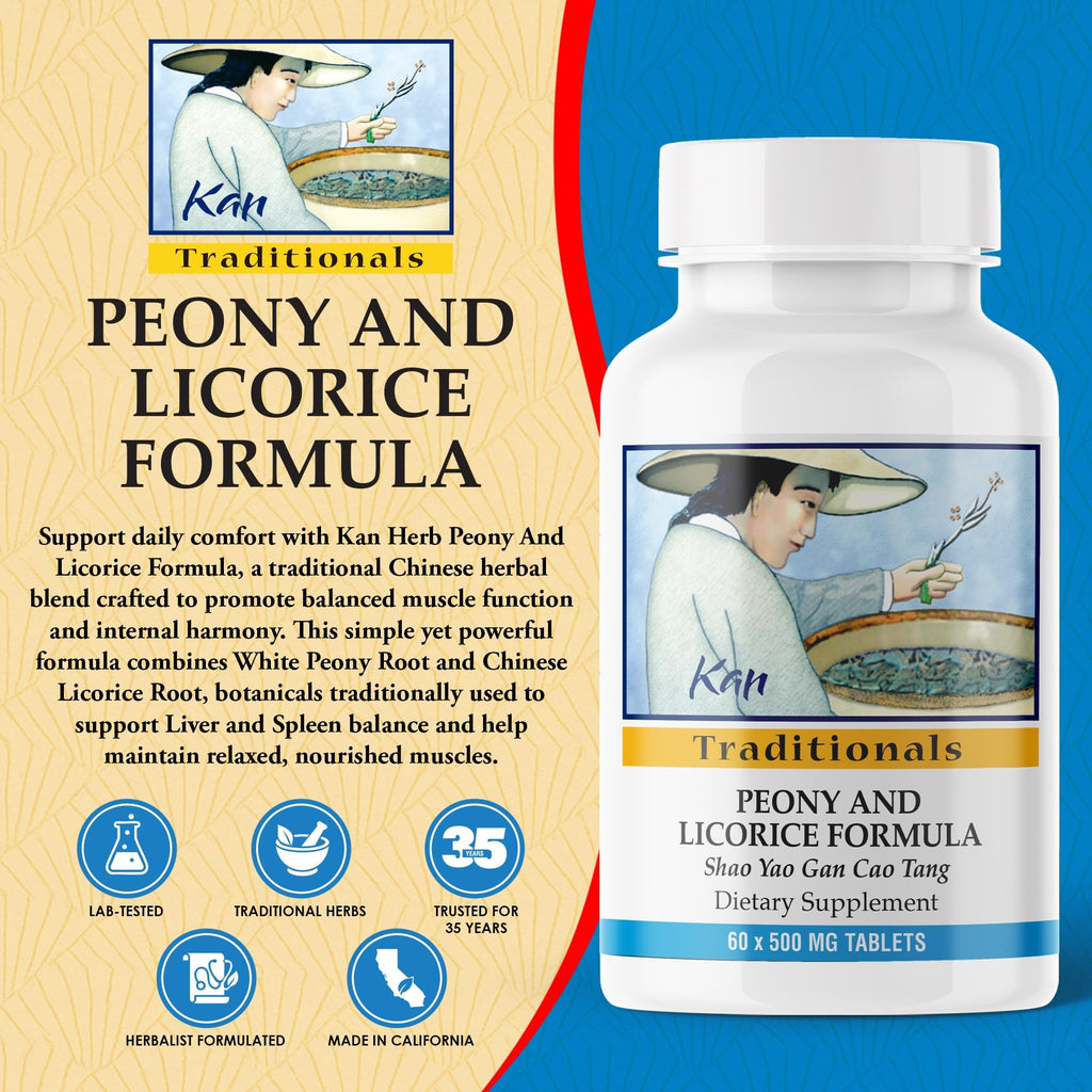 Kan Herbs Company Peony & Licorice Formula Tablets – Traditional Chinese Herbal Blend with White Peony Root & Chinese Licorice to Support Liver Balance, Muscle Comfort & Digestive Harmony, 60 Tablets - TrustMedUSA