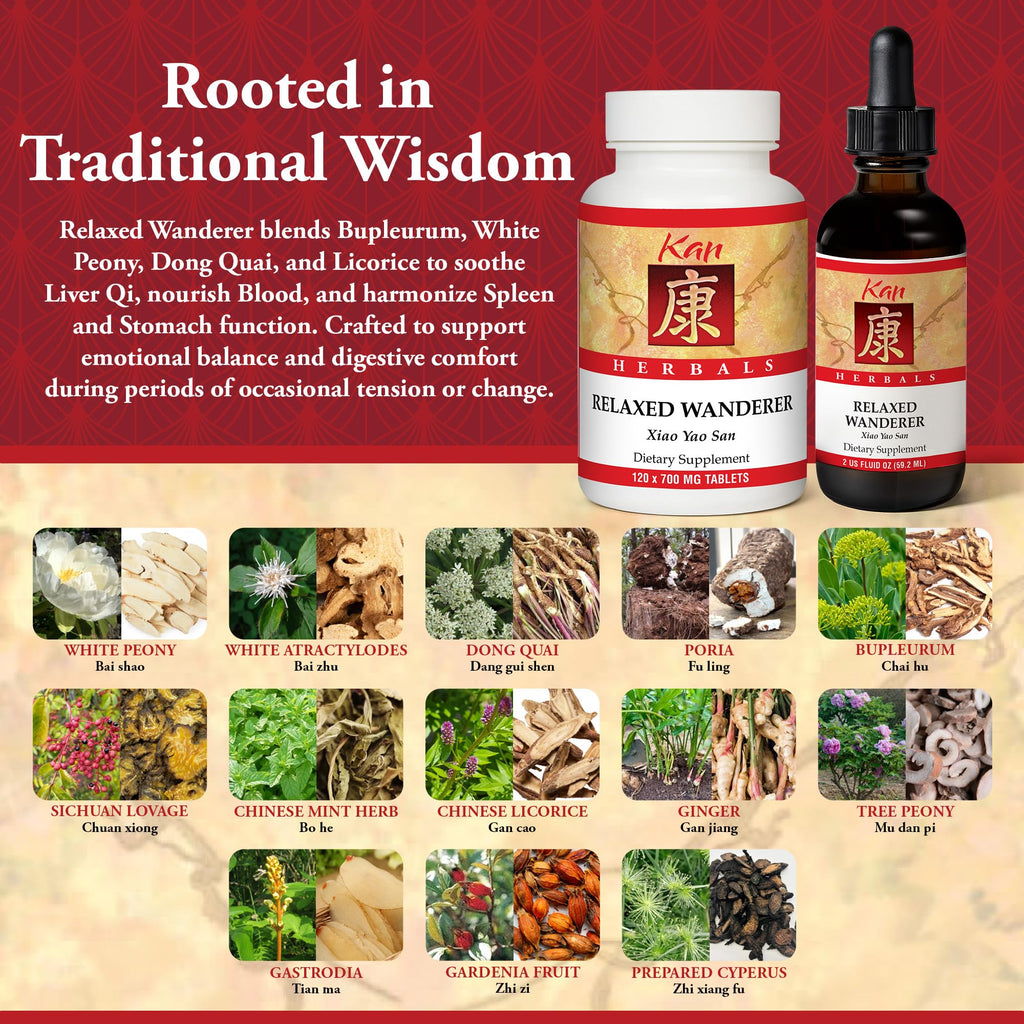 Kan Herbs Company Relaxed Wanderer – Traditional Chinese Herbal Formula to Support Mood, Digestion, and Menstrual Balance, Nourishes Blood, Eases Occasional Tension and Fatigue, 120 Tablets - TrustMedUSA