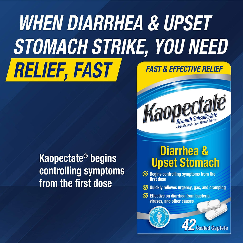 Kaopectate Multi-Symptom Anti-Diarrheal & Upset Stomach Reliever, 42 Caplets, Anti Diarrhea Caplets - Maple Wellness Supplements