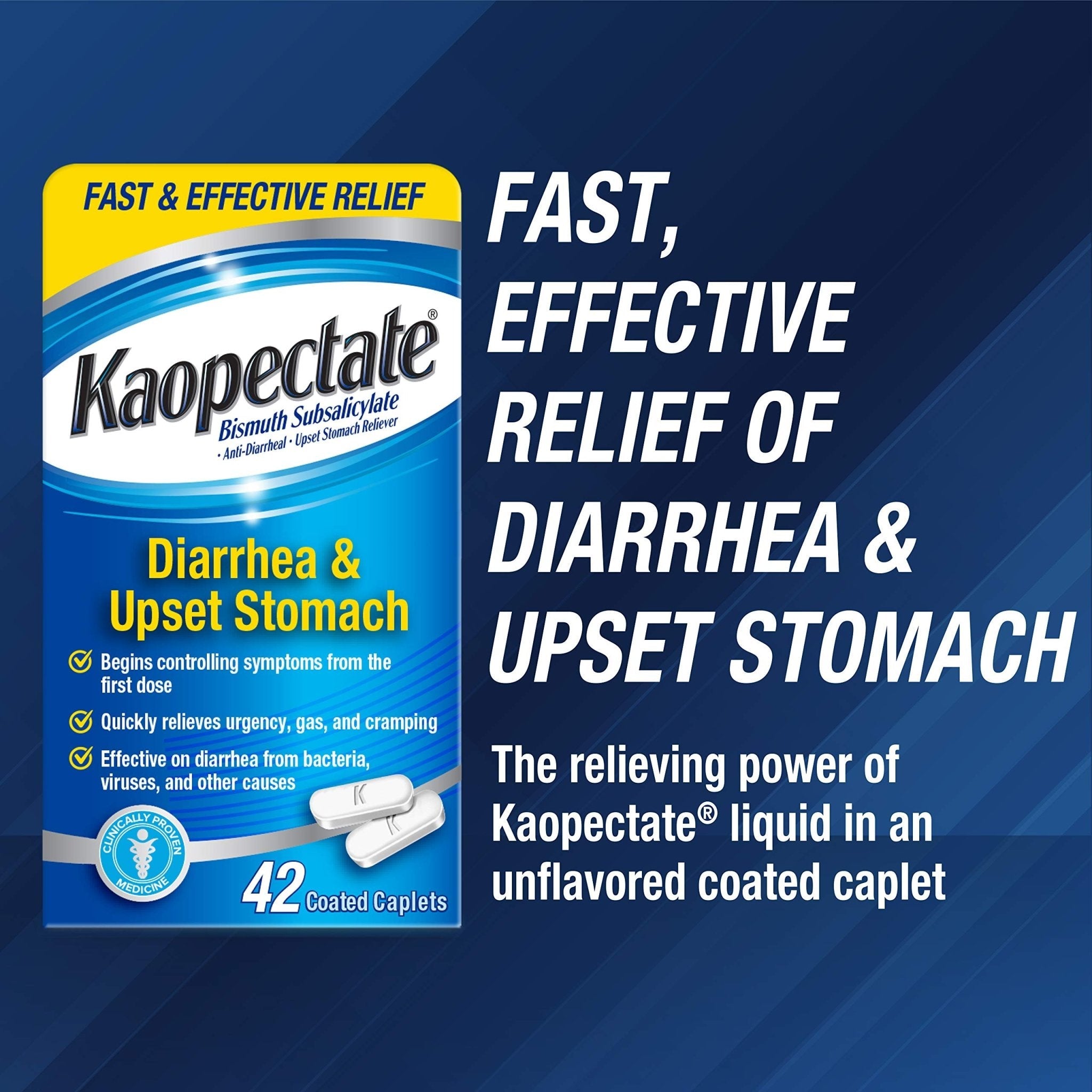 Kaopectate Multi-Symptom Anti-Diarrheal & Upset Stomach Reliever, 42 Caplets, Anti Diarrhea Caplets - Maple Wellness Supplements