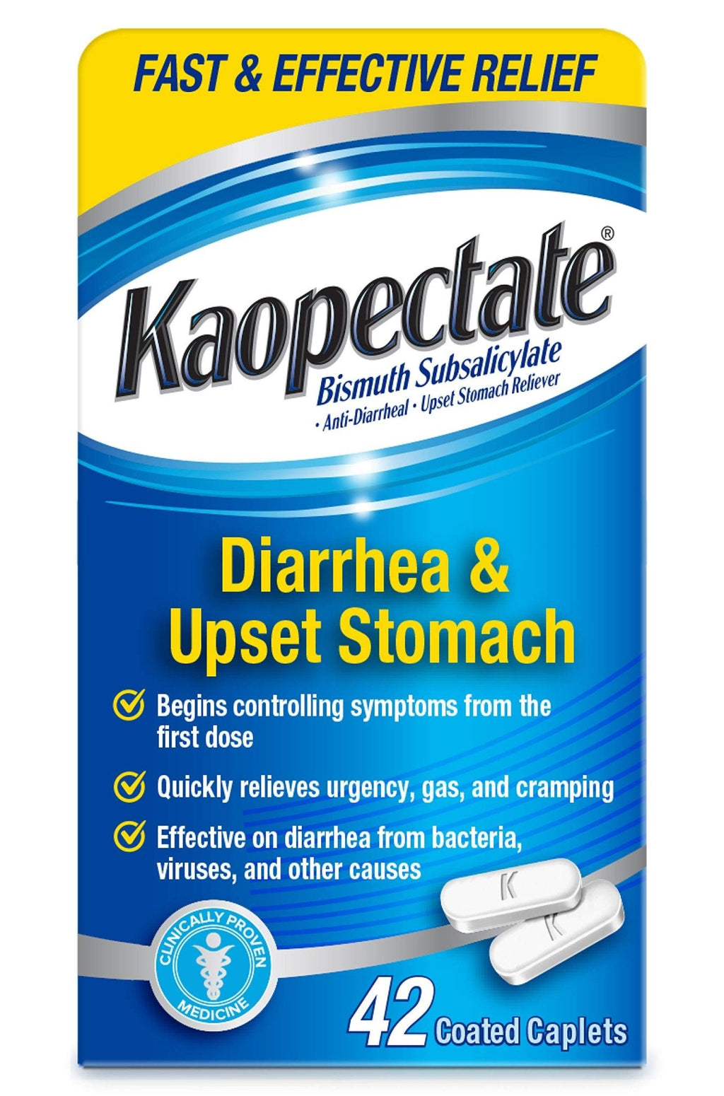 Kaopectate Multi-Symptom Anti-Diarrheal & Upset Stomach Reliever, 42 Caplets, Anti Diarrhea Caplets - Maple Wellness Supplements