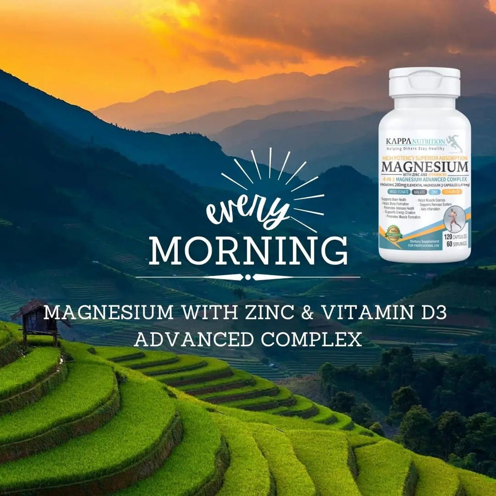 Kappa Nutrition Magnesium 4-in-1, 280mg Elemental Magnesium (Bisglycinate, Malate) + Zinc & Vitamin D3, Brain, Sleep, Energy, Muscle, Immune Support, 120 Vegan Capsules. - TrustMedUSA