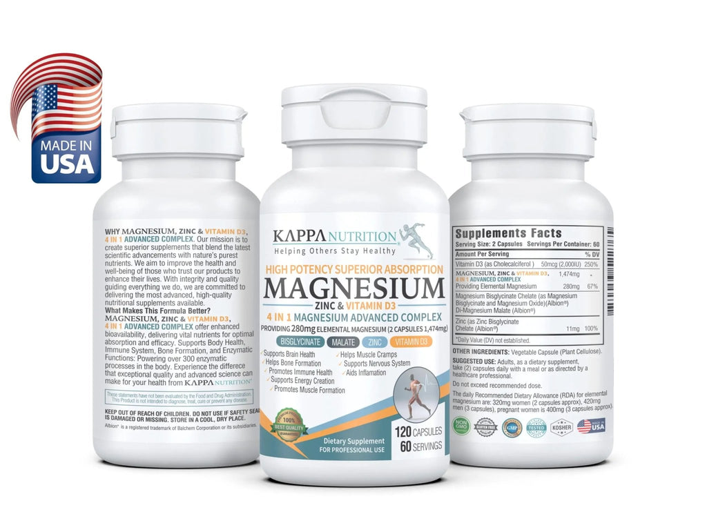 Kappa Nutrition Magnesium 4-in-1, 280mg Elemental Magnesium (Bisglycinate, Malate) + Zinc & Vitamin D3, Brain, Sleep, Energy, Muscle, Immune Support, 120 Vegan Capsules. - TrustMedUSA
