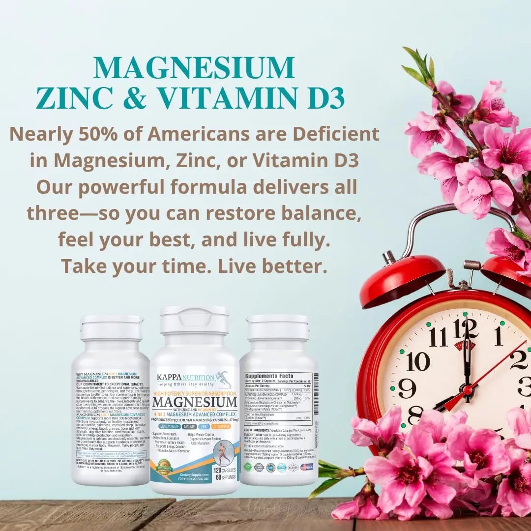Kappa Nutrition Magnesium 4-in-1, 280mg Elemental Magnesium (Bisglycinate, Malate) + Zinc & Vitamin D3, Brain, Sleep, Energy, Muscle, Immune Support, 120 Vegan Capsules. - TrustMedUSA