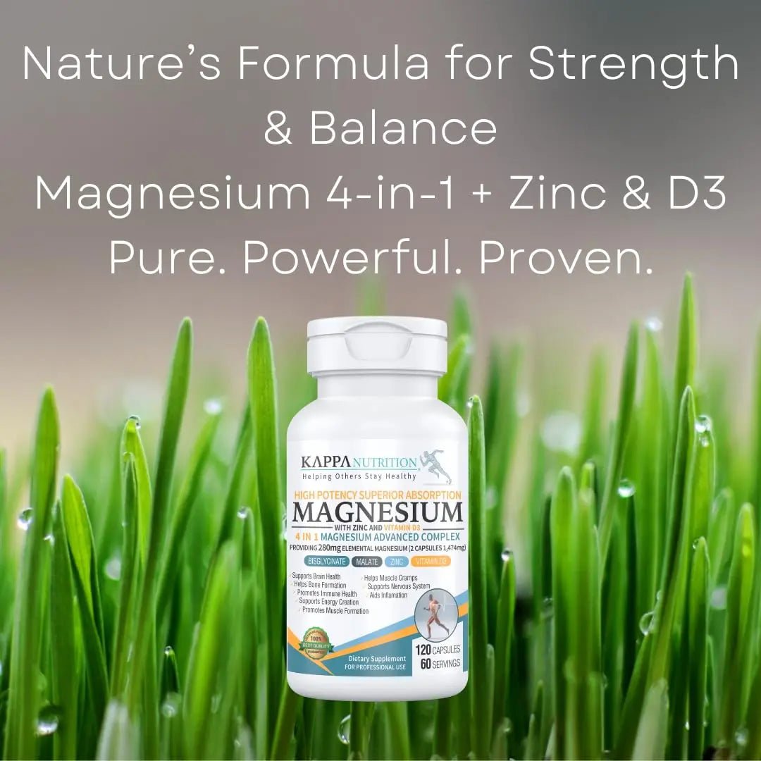 Kappa Nutrition Magnesium 4-in-1, 280mg Elemental Magnesium (Bisglycinate, Malate) + Zinc & Vitamin D3, Brain, Sleep, Energy, Muscle, Immune Support, 120 Vegan Capsules. - TrustMedUSA