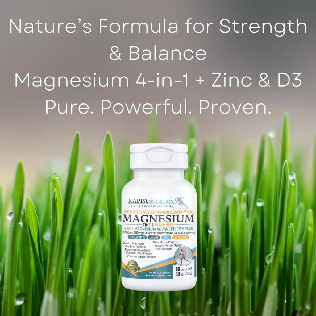 Kappa Nutrition Magnesium 4-in-1, 280mg Elemental Magnesium (Bisglycinate, Malate) + Zinc & Vitamin D3, Brain, Sleep, Energy, Muscle, Immune Support, 60 Vegan Capsules. - TrustMedUSA