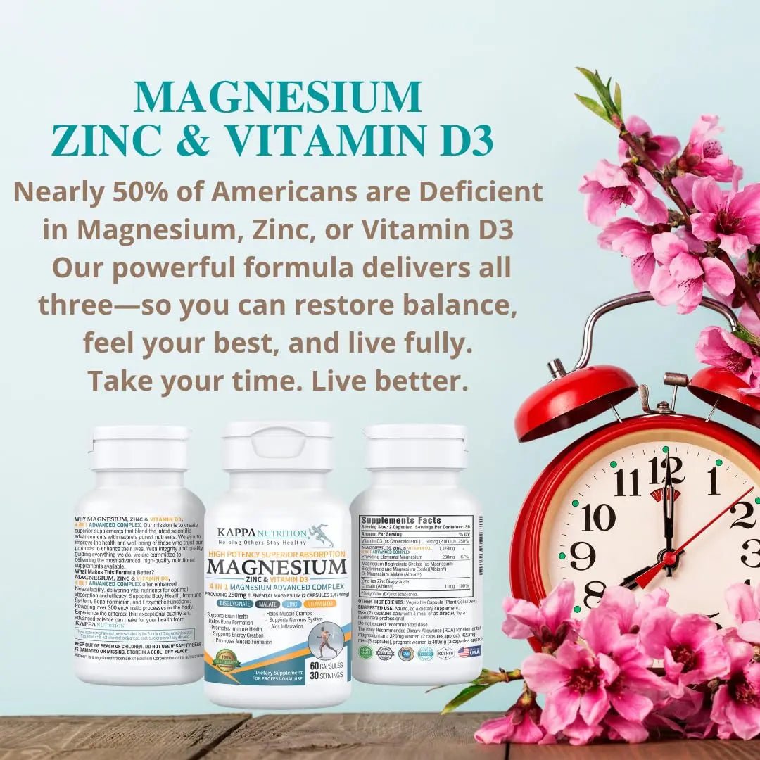 Kappa Nutrition Magnesium 4-in-1, 280mg Elemental Magnesium (Bisglycinate, Malate) + Zinc & Vitamin D3, Brain, Sleep, Energy, Muscle, Immune Support, 60 Vegan Capsules. - TrustMedUSA