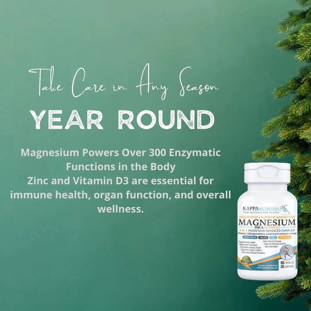 Kappa Nutrition Magnesium 4-in-1, 280mg Elemental Magnesium (Bisglycinate, Malate) + Zinc & Vitamin D3, Brain, Sleep, Energy, Muscle, Immune Support, 60 Vegan Capsules. - TrustMedUSA