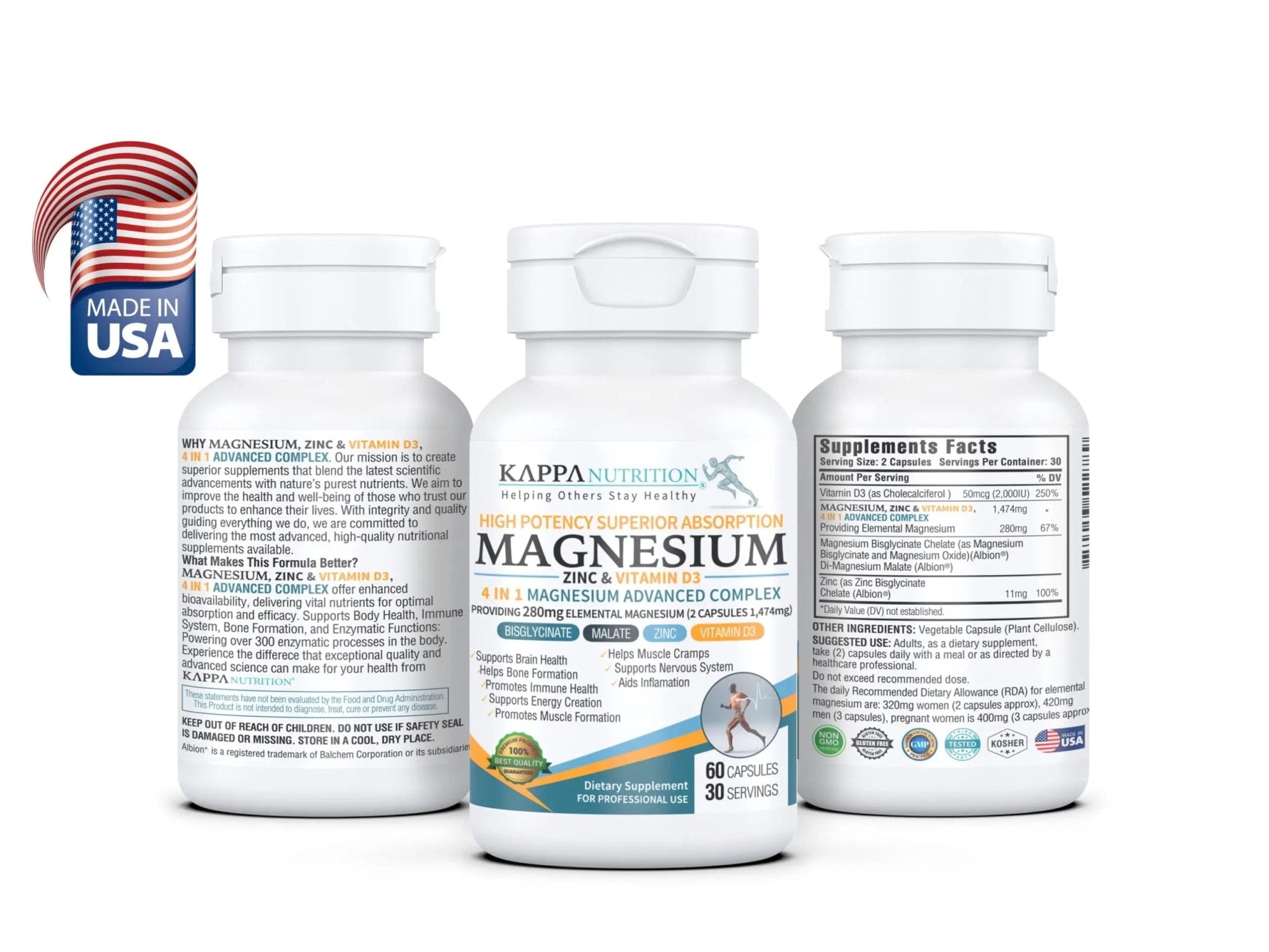 Kappa Nutrition Magnesium 4-in-1, 280mg Elemental Magnesium (Bisglycinate, Malate) + Zinc & Vitamin D3, Brain, Sleep, Energy, Muscle, Immune Support, 60 Vegan Capsules. - TrustMedUSA
