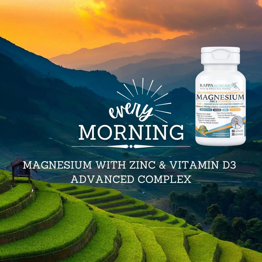 Kappa Nutrition Magnesium 4-in-1, 280mg Elemental Magnesium (Bisglycinate, Malate) + Zinc & Vitamin D3, Brain, Sleep, Energy, Muscle, Immune Support, 60 Vegan Capsules. - TrustMedUSA