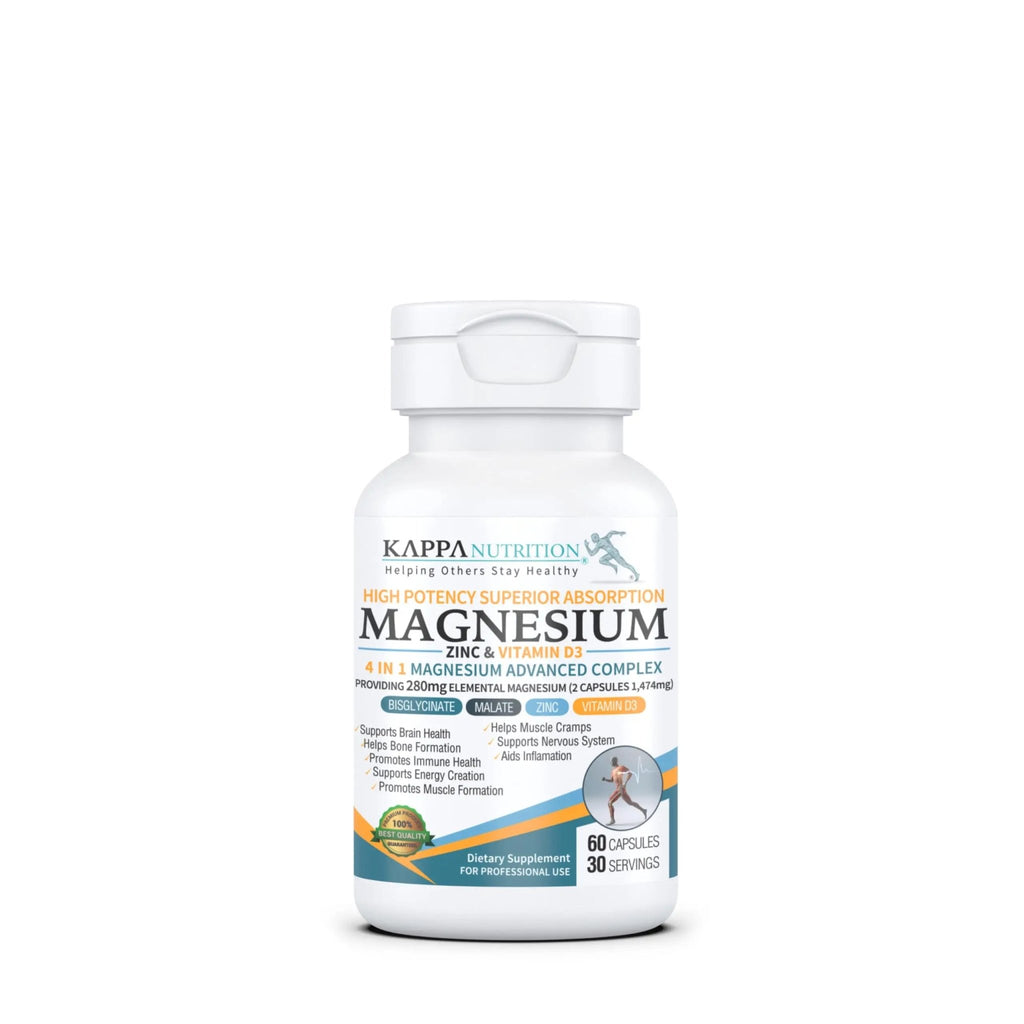 Kappa Nutrition Magnesium 4-in-1, 280mg Elemental Magnesium (Bisglycinate, Malate) + Zinc & Vitamin D3, Brain, Sleep, Energy, Muscle, Immune Support, 60 Vegan Capsules. - TrustMedUSA