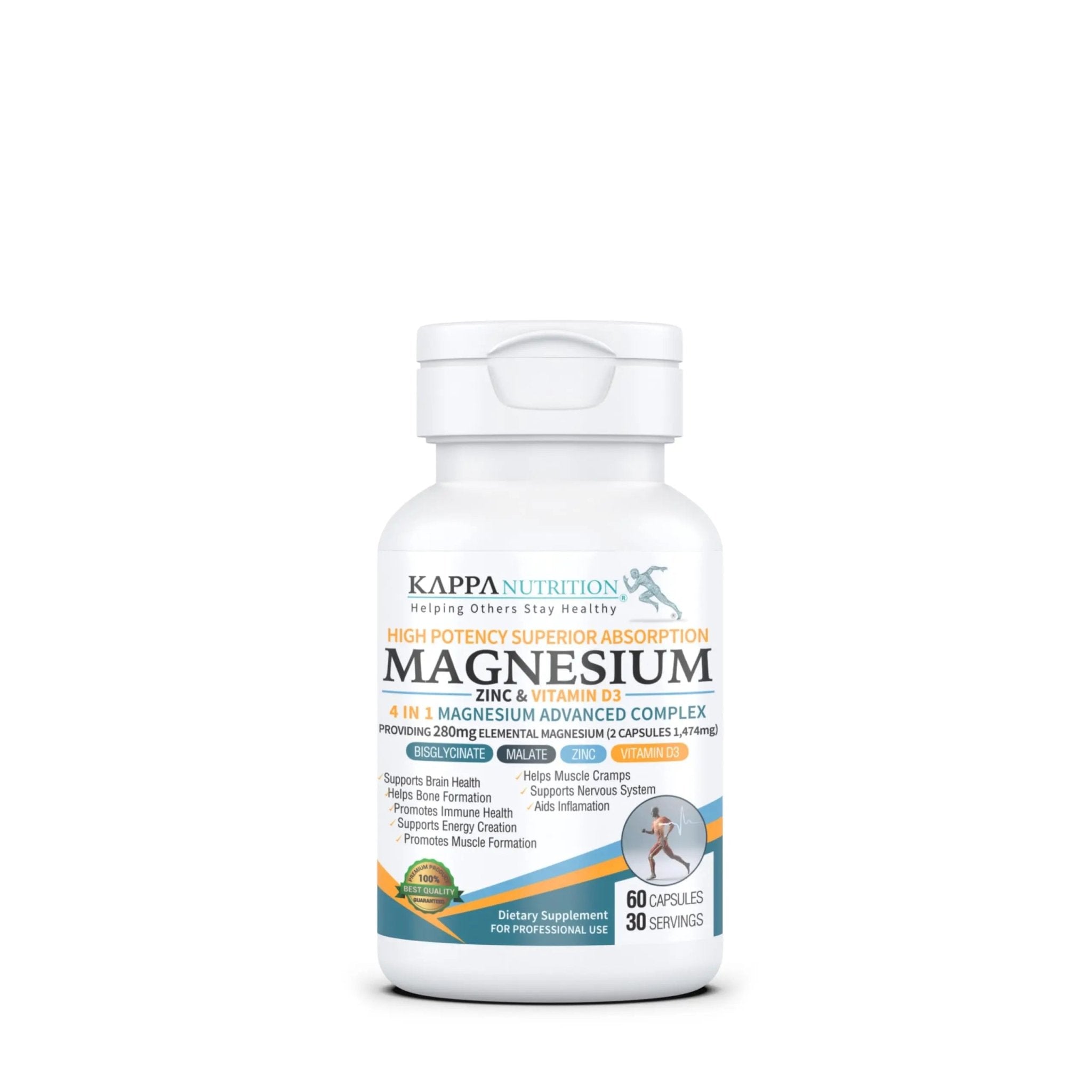 Kappa Nutrition Magnesium 4-in-1, 280mg Elemental Magnesium (Bisglycinate, Malate) + Zinc & Vitamin D3, Brain, Sleep, Energy, Muscle, Immune Support, 60 Vegan Capsules. - TrustMedUSA