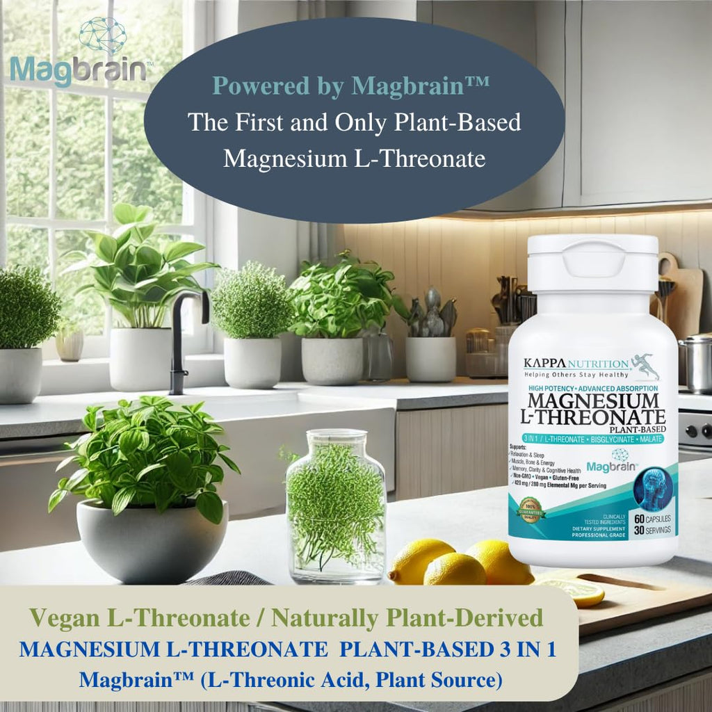 Kappa Nutrition Powered by Magbrain™ Magnesium L-Threonate Plant-Based, 60 Vegan Capsules, 420mg Elemental Magnesium (3 Capsules) from 2,253mg - TrustMedUSA