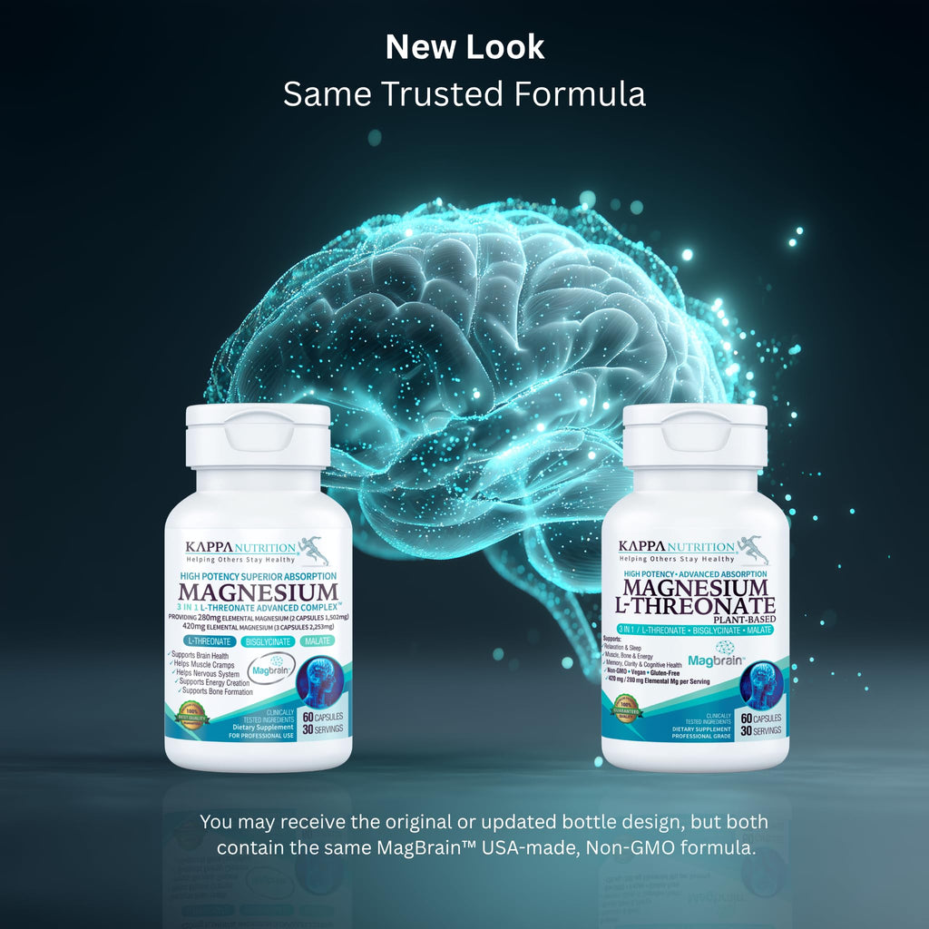 Kappa Nutrition Powered by Magbrain™ Magnesium L-Threonate Plant-Based, 60 Vegan Capsules, 420mg Elemental Magnesium (3 Capsules) from 2,253mg - TrustMedUSA