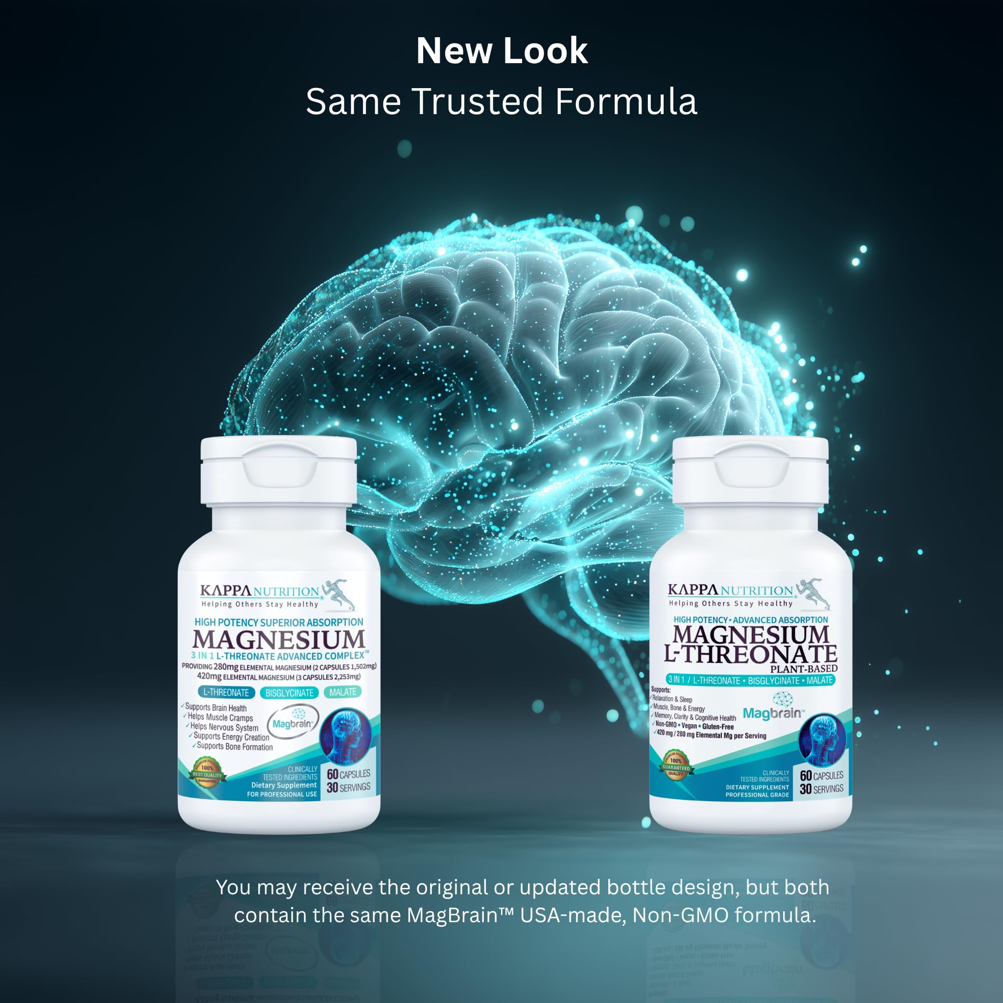 Kappa Nutrition Powered by Magbrain™ Magnesium L-Threonate Plant-Based, 60 Vegan Capsules, 420mg Elemental Magnesium (3 Capsules) from 2,253mg - TrustMedUSA