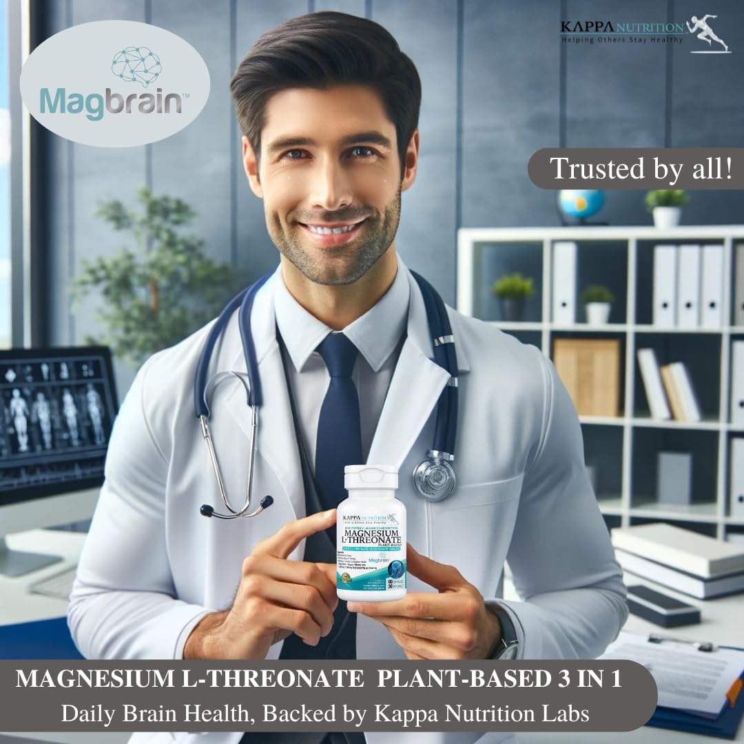 Kappa Nutrition Powered by Magbrain™ Magnesium L-Threonate Plant-Based, 60 Vegan Capsules, 420mg Elemental Magnesium (3 Capsules) from 2,253mg - TrustMedUSA
