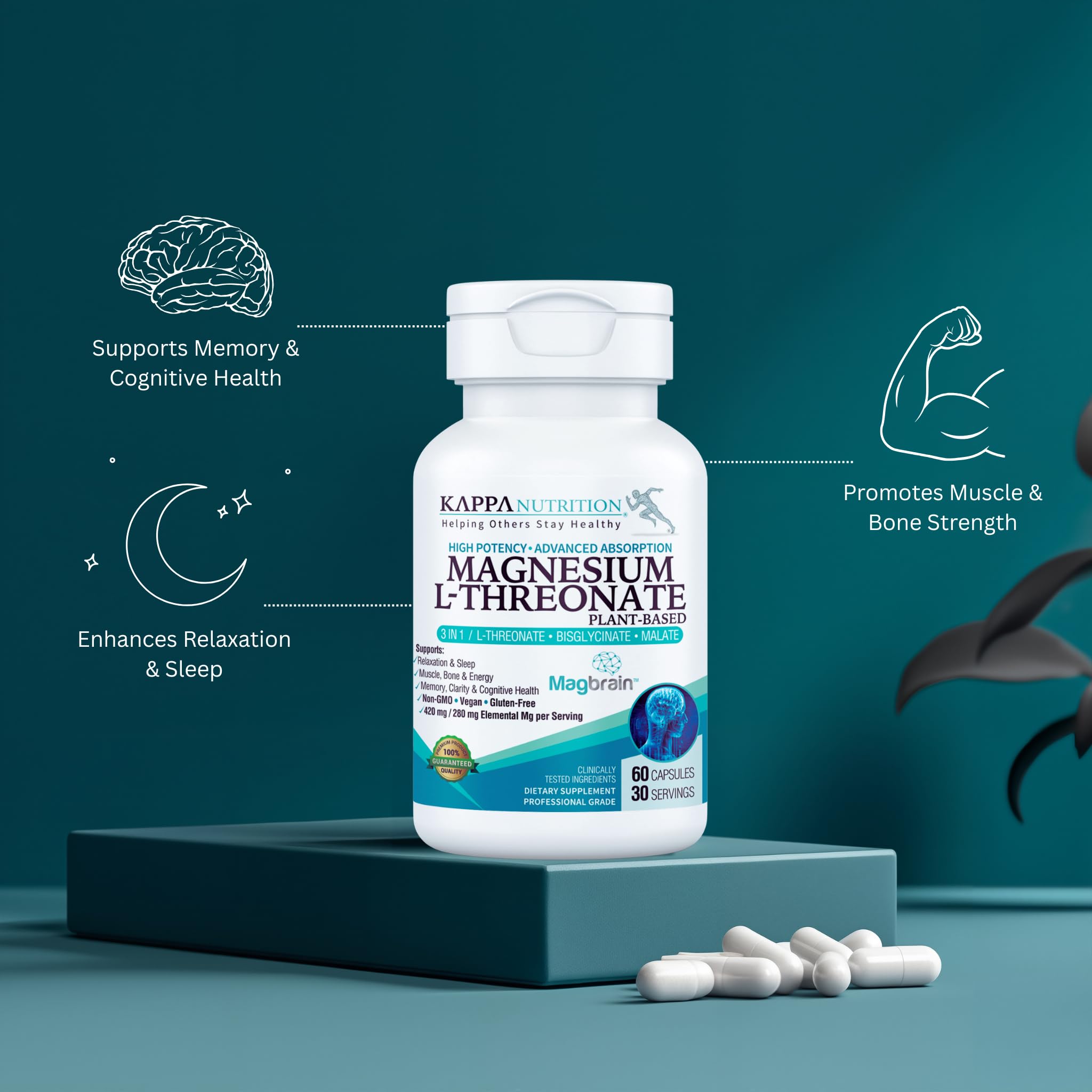 Kappa Nutrition Powered by Magbrain™ Magnesium L-Threonate Plant-Based, 60 Vegan Capsules, 420mg Elemental Magnesium (3 Capsules) from 2,253mg - TrustMedUSA