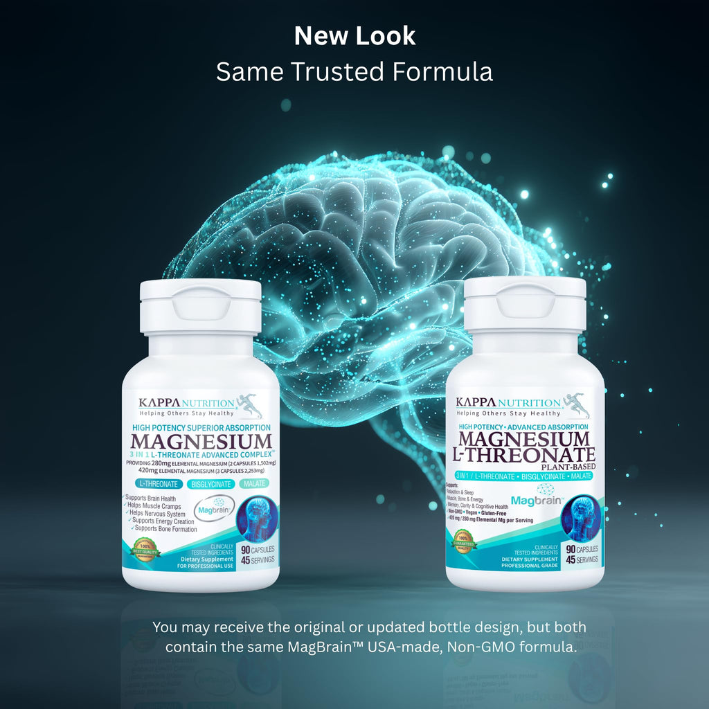 Kappa Nutrition Powered by Magbrain™ Magnesium L-Threonate Plant-Based, 90 Vegan Capsules, 420mg Elemental Magnesium (3 Capsules) from 2,253mg, Brain, Sleep & Muscle Support. - TrustMedUSA