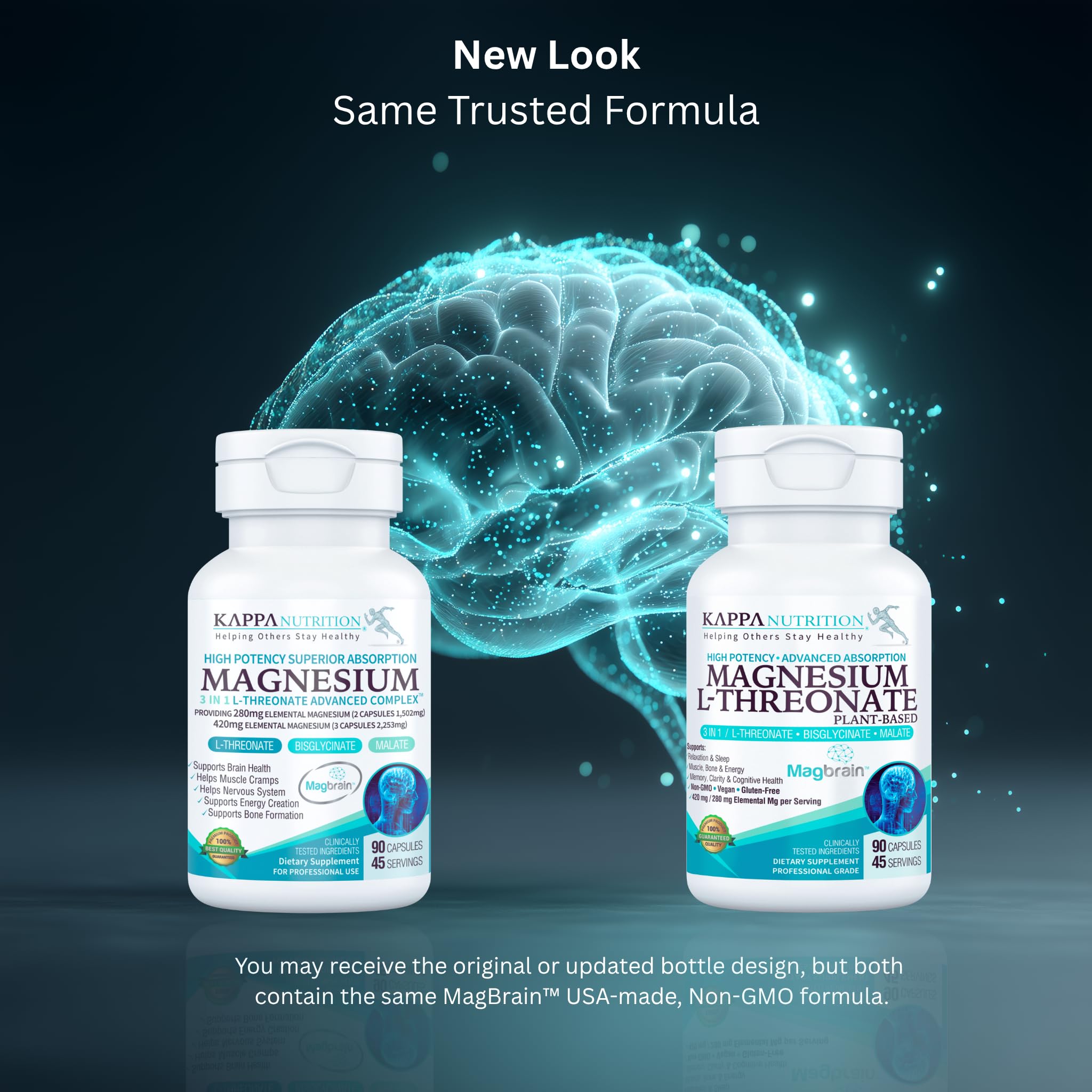 Kappa Nutrition Powered by Magbrain™ Magnesium L-Threonate Plant-Based, 90 Vegan Capsules, 420mg Elemental Magnesium (3 Capsules) from 2,253mg, Brain, Sleep & Muscle Support. - TrustMedUSA