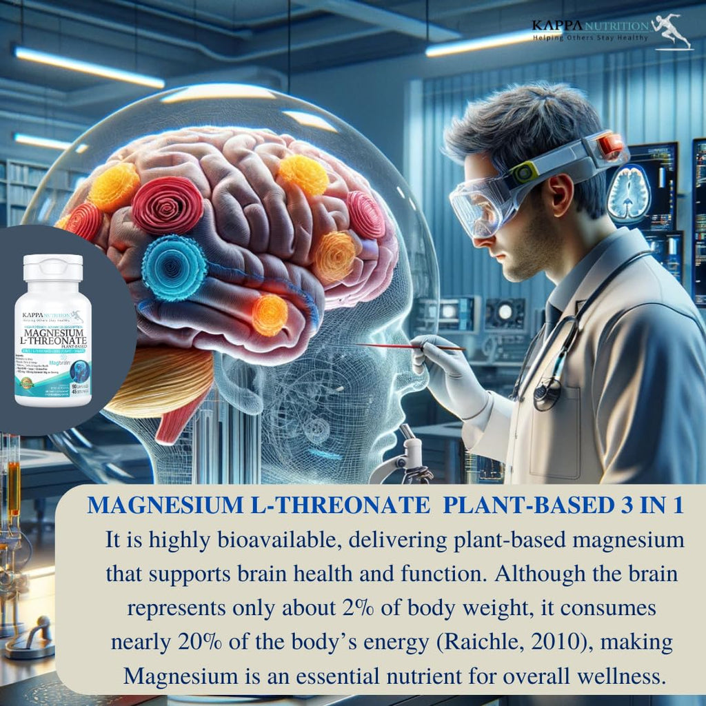 Kappa Nutrition Powered by Magbrain™ Magnesium L-Threonate Plant-Based, 90 Vegan Capsules, 420mg Elemental Magnesium (3 Capsules) from 2,253mg, Brain, Sleep & Muscle Support. - TrustMedUSA