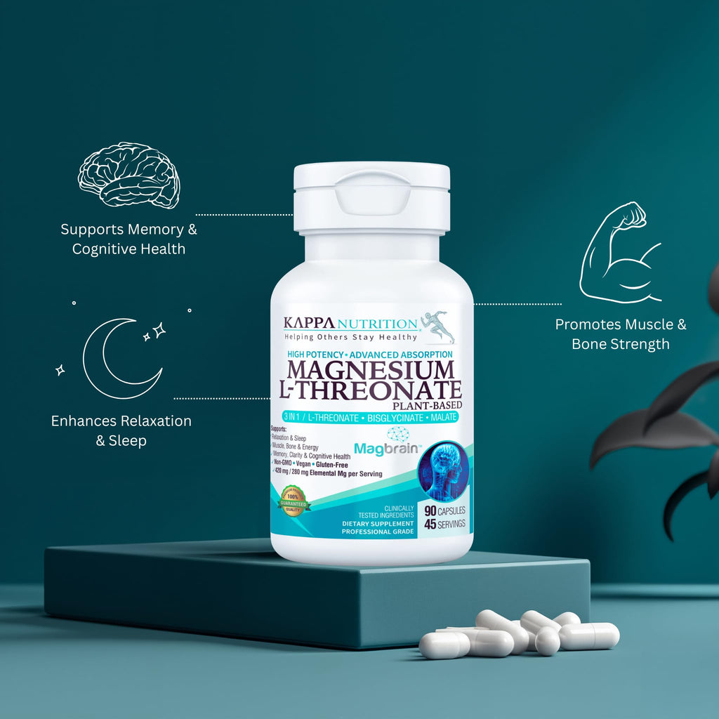 Kappa Nutrition Powered by Magbrain™ Magnesium L-Threonate Plant-Based, 90 Vegan Capsules, 420mg Elemental Magnesium (3 Capsules) from 2,253mg, Brain, Sleep & Muscle Support. - TrustMedUSA