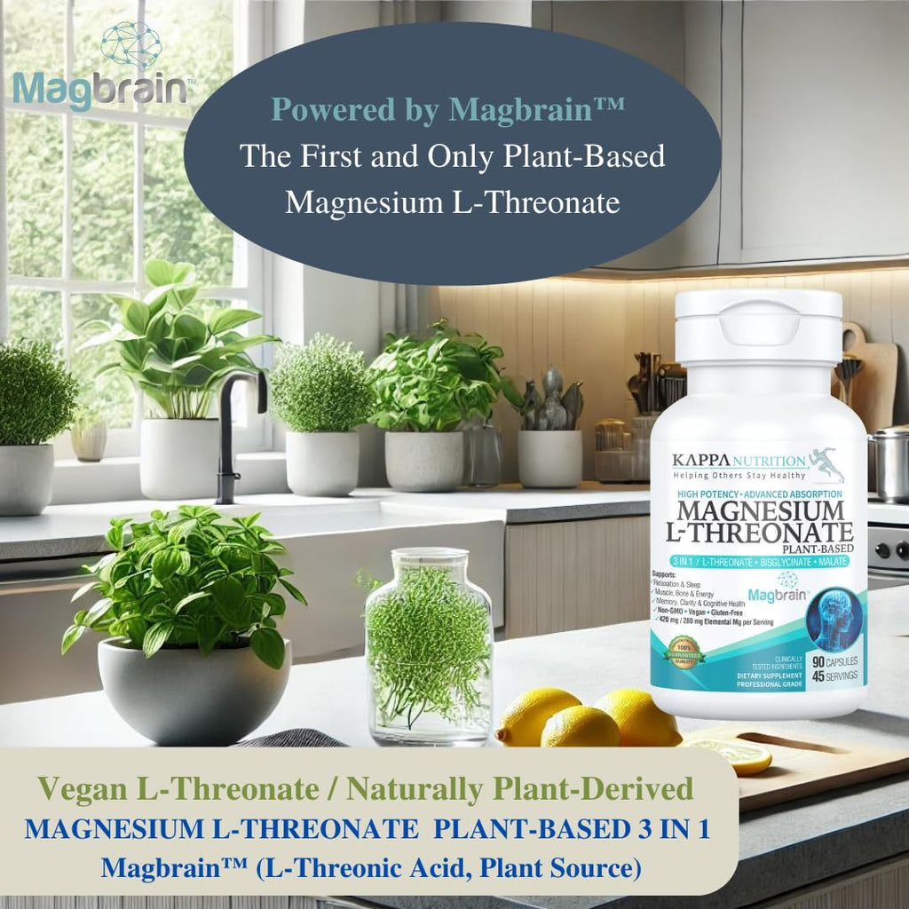 Kappa Nutrition Powered by Magbrain™ Magnesium L-Threonate Plant-Based, 90 Vegan Capsules, 420mg Elemental Magnesium (3 Capsules) from 2,253mg, Brain, Sleep & Muscle Support. - TrustMedUSA