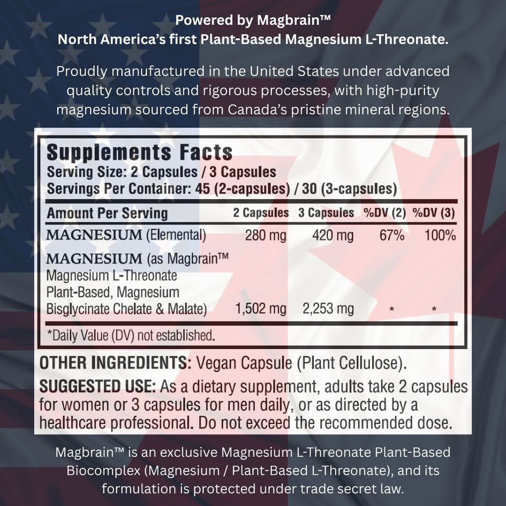 Kappa Nutrition Powered by Magbrain™ Magnesium L-Threonate Plant-Based, 90 Vegan Capsules, 420mg Elemental Magnesium (3 Capsules) from 2,253mg, Brain, Sleep & Muscle Support. - TrustMedUSA