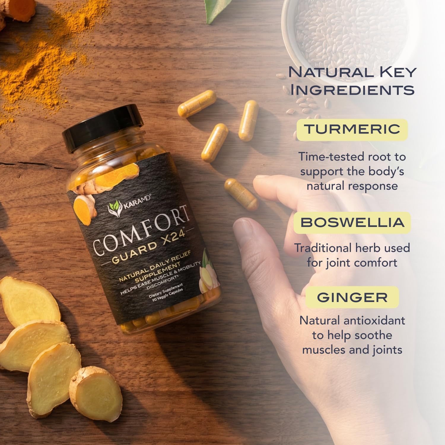 KaraMD Comfort Guard X24 | Joint & Movement Support Supplement | Turmeric Curcumin, Boswellia & Ginger | Ease Muscle Discomfort & Joint Stiffness | Non-GMO, Gluten Free & Vegan Friendly (30 Servings) - TrustMedUSA