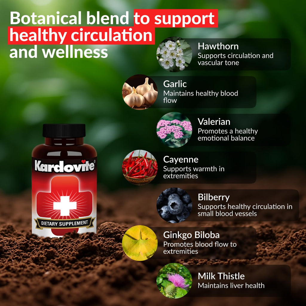 Kardovite Herbal Circulation Support Capsules 180s | Supports Circulatory Wellness with Hawthorn, Garlic, Ginkgo, Cayenne, Milk Thistle, Bilberry & Valerian | Supports Vitality & Daily Wellness - TrustMedUSA