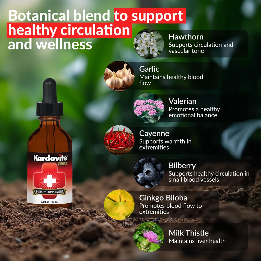 Kardovite Herbal Circulation Support Drops 100ml | Supports Circulatory Wellness with Hawthorn, Garlic, Ginkgo, Cayenne, Milk Thistle, Bilberry & Valerian | Supports Vitality & Daily Wellness - TrustMedUSA