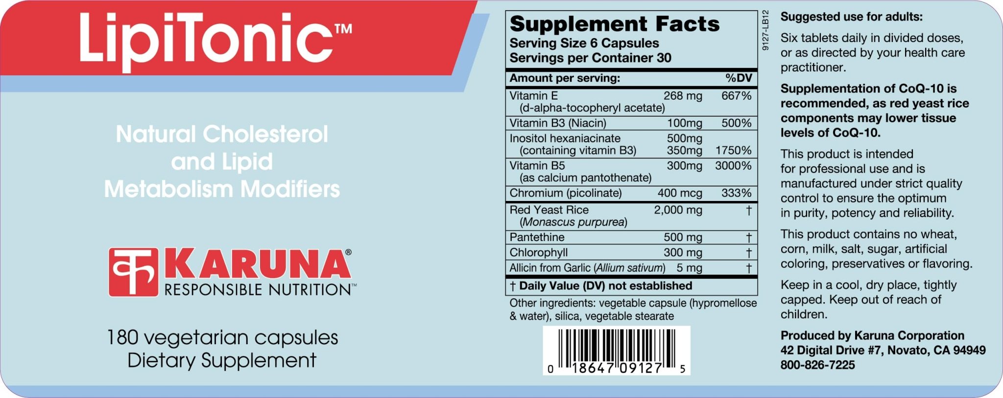 Karuna Lipitonic - 180 Vegetarian Capsules - Blend of Vitamins, Minerals, and botanicals Supporting Healthy Cholesterol Levels Already in the Normal Range and Promote Healthy lipid Metabolism - TrustMedUSA