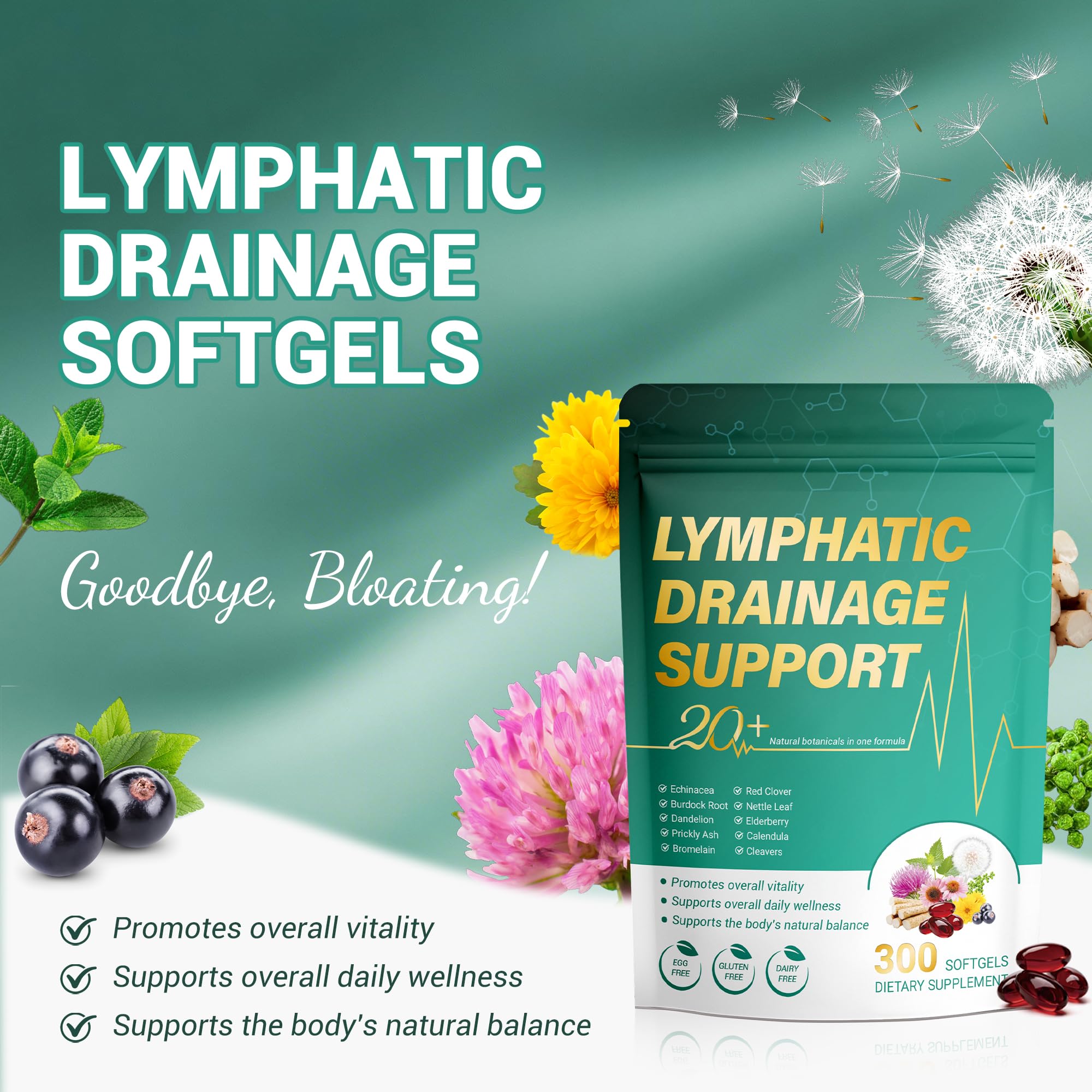 Kaseano Lymphatic Drainage Supplement 300 Softgels 21-in-1 Herbal Blend with Echinacea, Dandelion, Burdock Root Lymph System Support Fluid Balance & Immune System for Women & Men - Maple Wellness Supplements