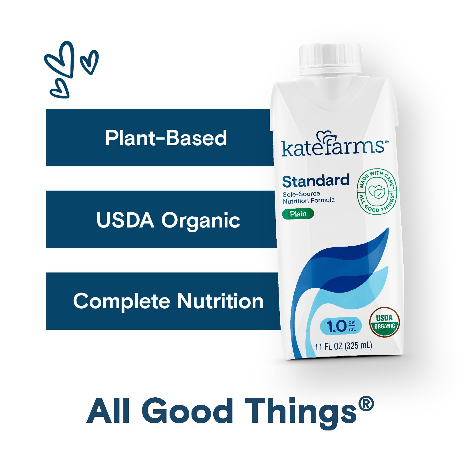 KATE FARMS Organic 1.0 Sole-Source Nutrition Shake, Plain, 16g Protein, 27 Vitamins and Minerals, Meal Replacement, Protein Shake, 11 oz (12 Pack) - Maple Wellness Supplements