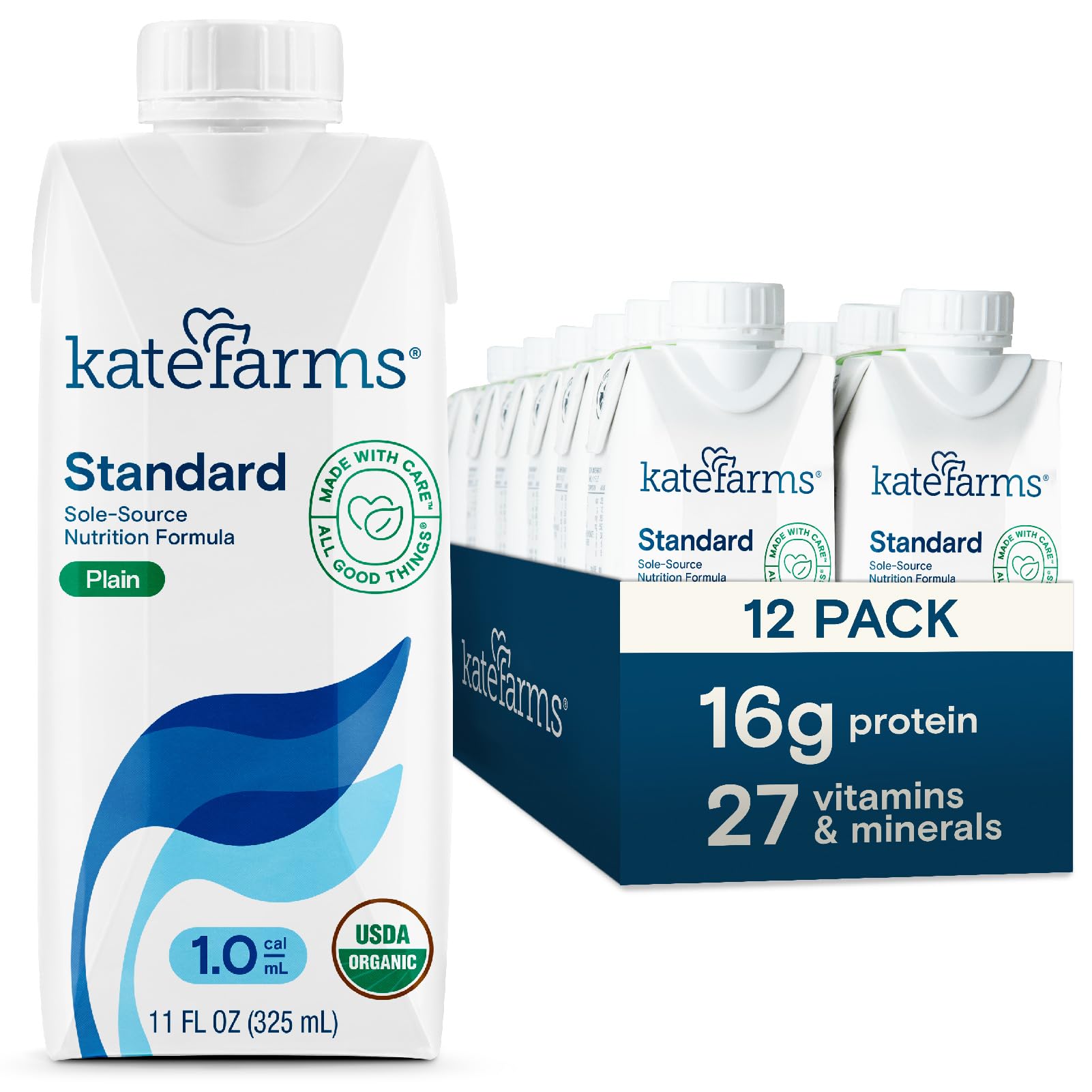 KATE FARMS Organic 1.0 Sole-Source Nutrition Shake, Plain, 16g Protein, 27 Vitamins and Minerals, Meal Replacement, Protein Shake, 11 oz (12 Pack) - Maple Wellness Supplements