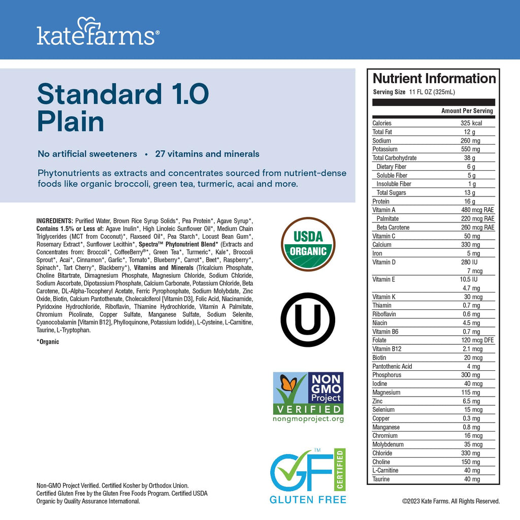 KATE FARMS Organic 1.0 Sole-Source Nutrition Shake, Plain, 16g Protein, 27 Vitamins and Minerals, Meal Replacement, Protein Shake, 11 oz (12 Pack) - Maple Wellness Supplements