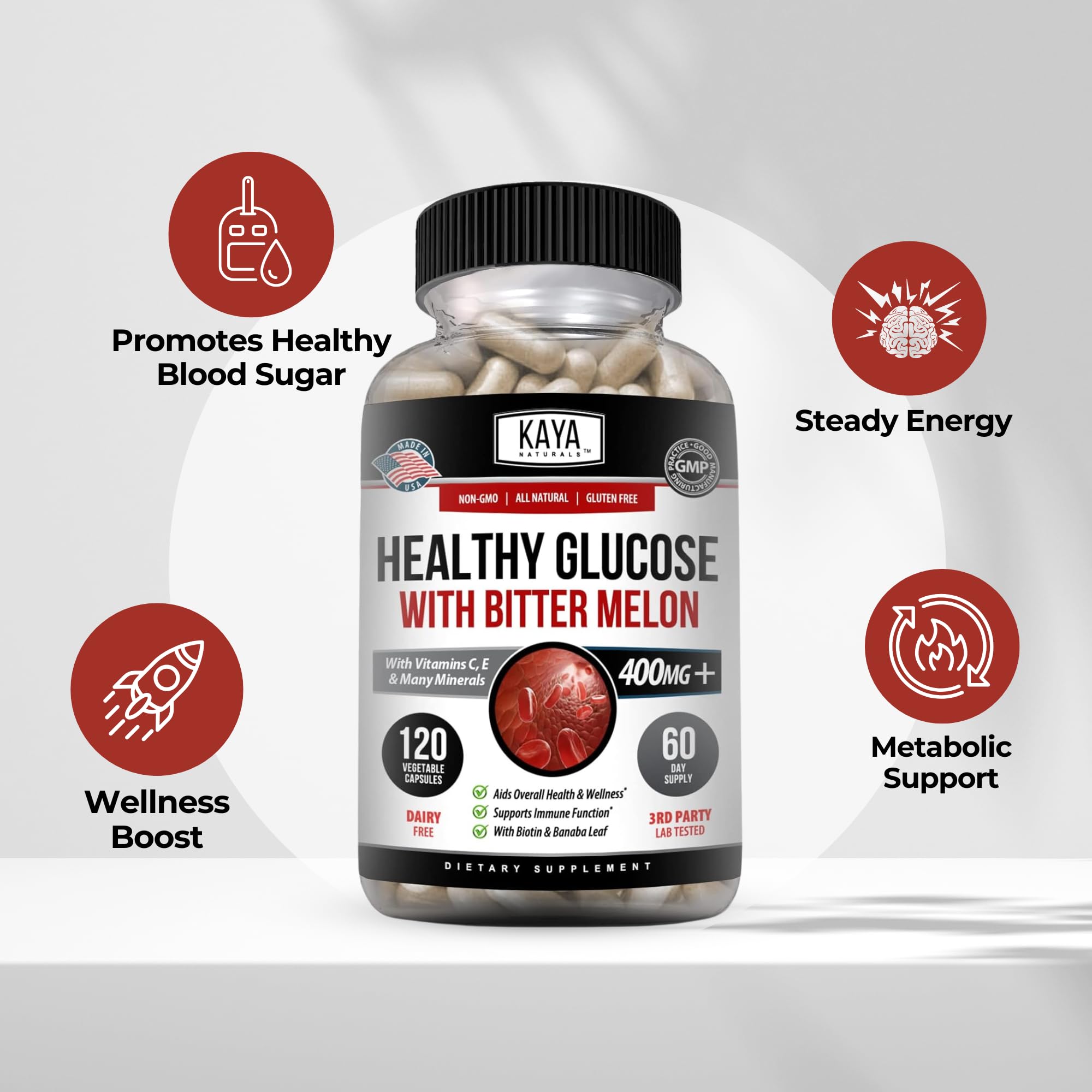 Kaya Naturals Healthy Gluco with Bittermelon Supplement | Support Healthy Levels and Function, 20 Herbs Vitamins and Minerals, Alpha Lipoic Acide, Cinnamon, Vitamin C & E, Non-GMO (120 Count) - TrustMedUSA