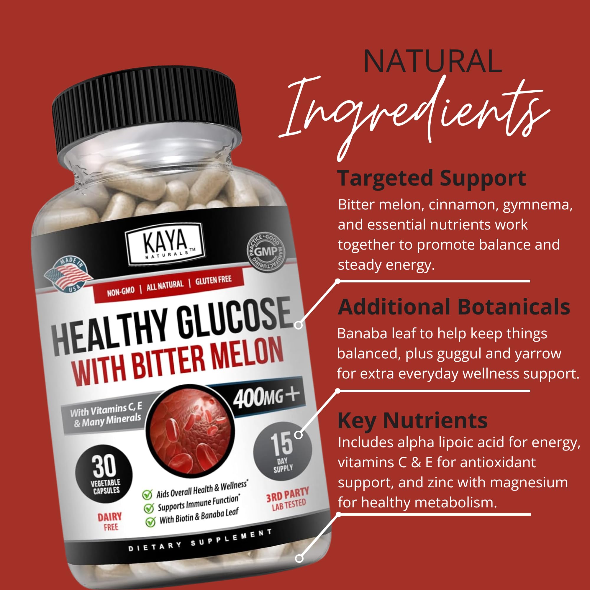 Kaya Naturals Healthy Gluco with Bittermelon Supplement | Support Healthy Levels and Function, 20 Herbs Vitamins and Minerals, Alpha Lipoic Acide, Cinnamon, Vitamin C & E, Non-GMO (30 Count) - TrustMedUSA