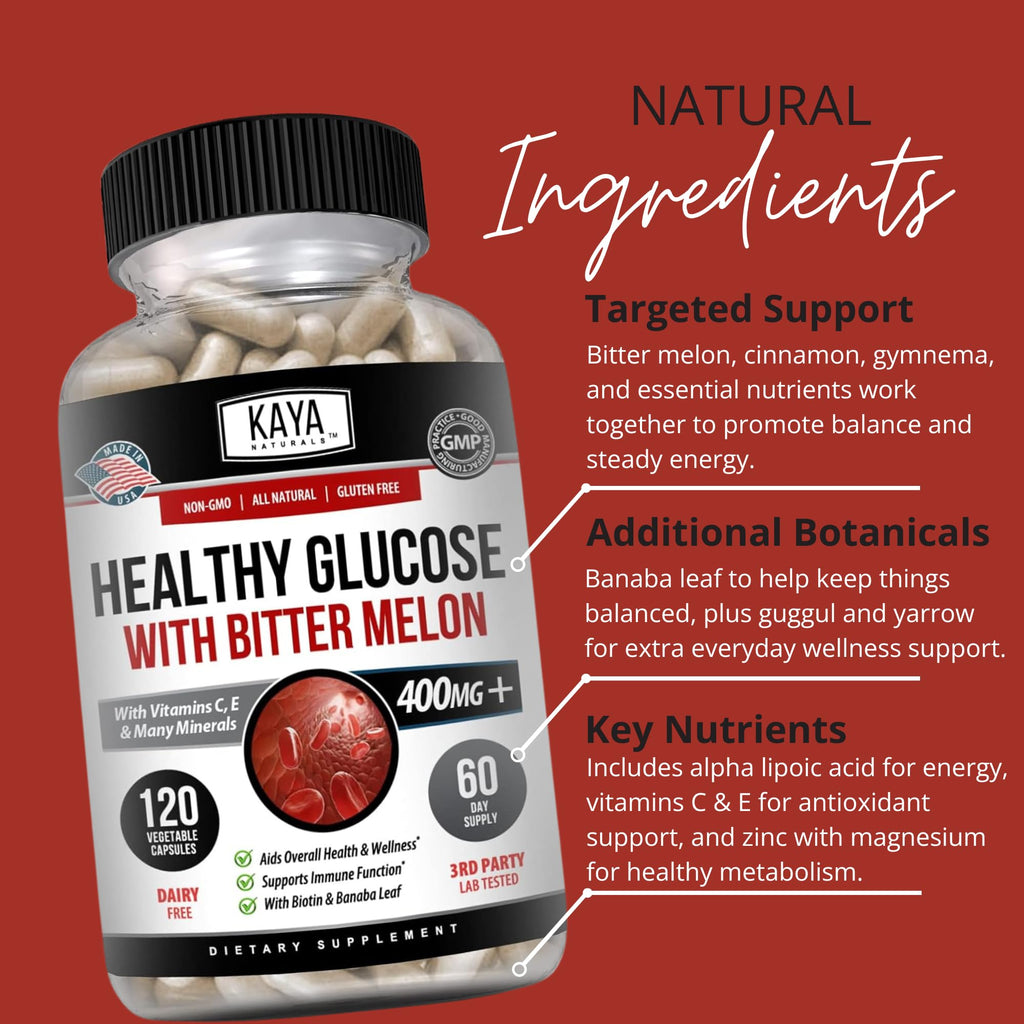 Kaya Naturals Healthy Gluco with Bittermelon Supplement | Support Healthy Levels and Function, 20 Herbs Vitamins and Minerals, Alpha Lipoic Acide, Cinnamon, Vitamin C & E, Non-GMO (120 Count) - TrustMedUSA