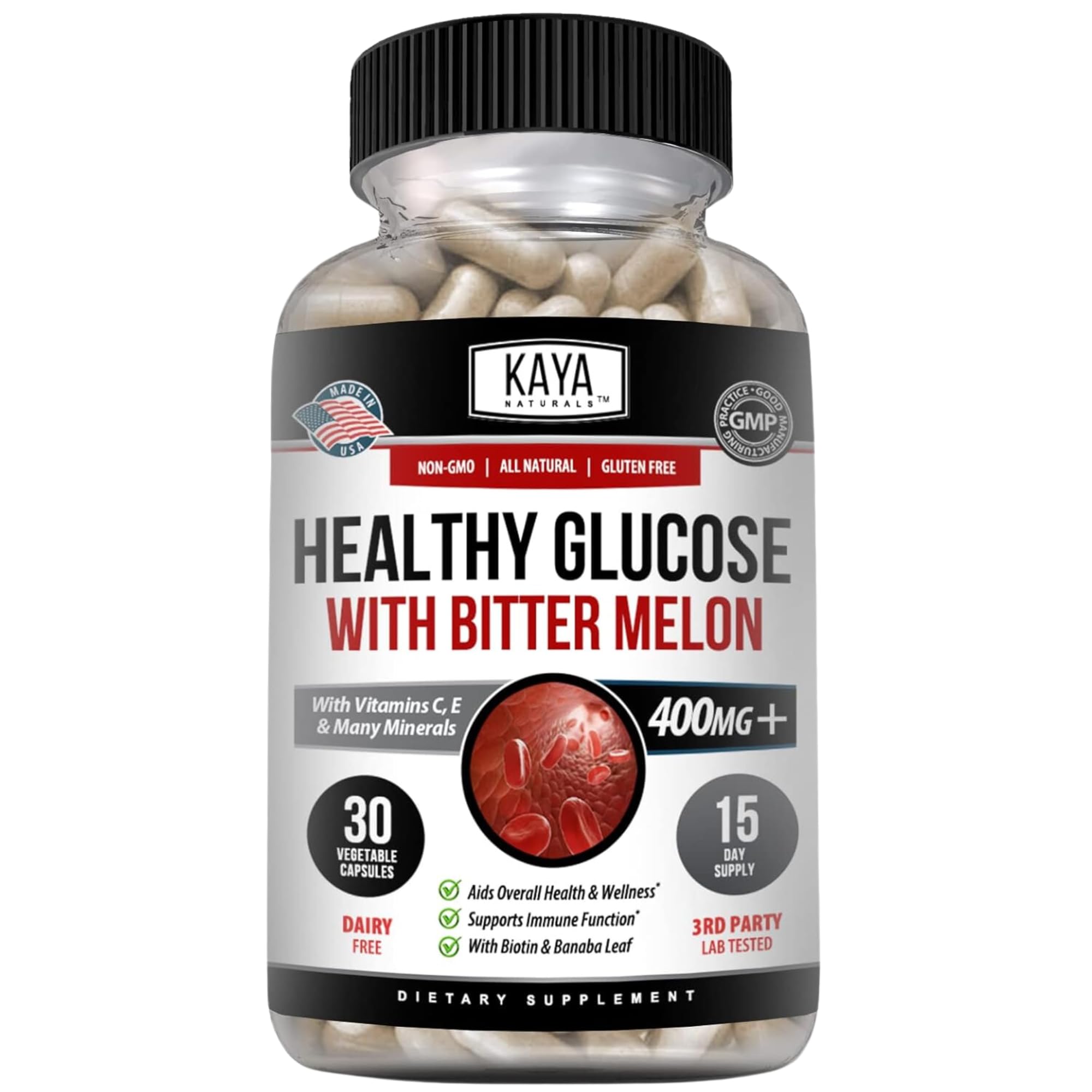 Kaya Naturals Healthy Gluco with Bittermelon Supplement | Support Healthy Levels and Function, 20 Herbs Vitamins and Minerals, Alpha Lipoic Acide, Cinnamon, Vitamin C & E, Non-GMO (30 Count) - TrustMedUSA