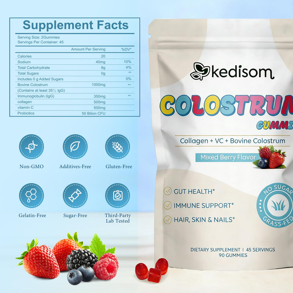 KEDISOM Colostrum Gummies, Grass Fed Colostrum Supplement, 90 Bovine Colostrum Gummies, 45 Servings, Mixed Berry, Sugar-Free - TrustMedUSA