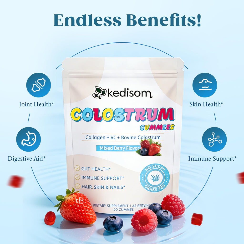 KEDISOM Colostrum Gummies, Grass Fed Colostrum Supplement, 90 Bovine Colostrum Gummies, 45 Servings, Mixed Berry, Sugar-Free - TrustMedUSA