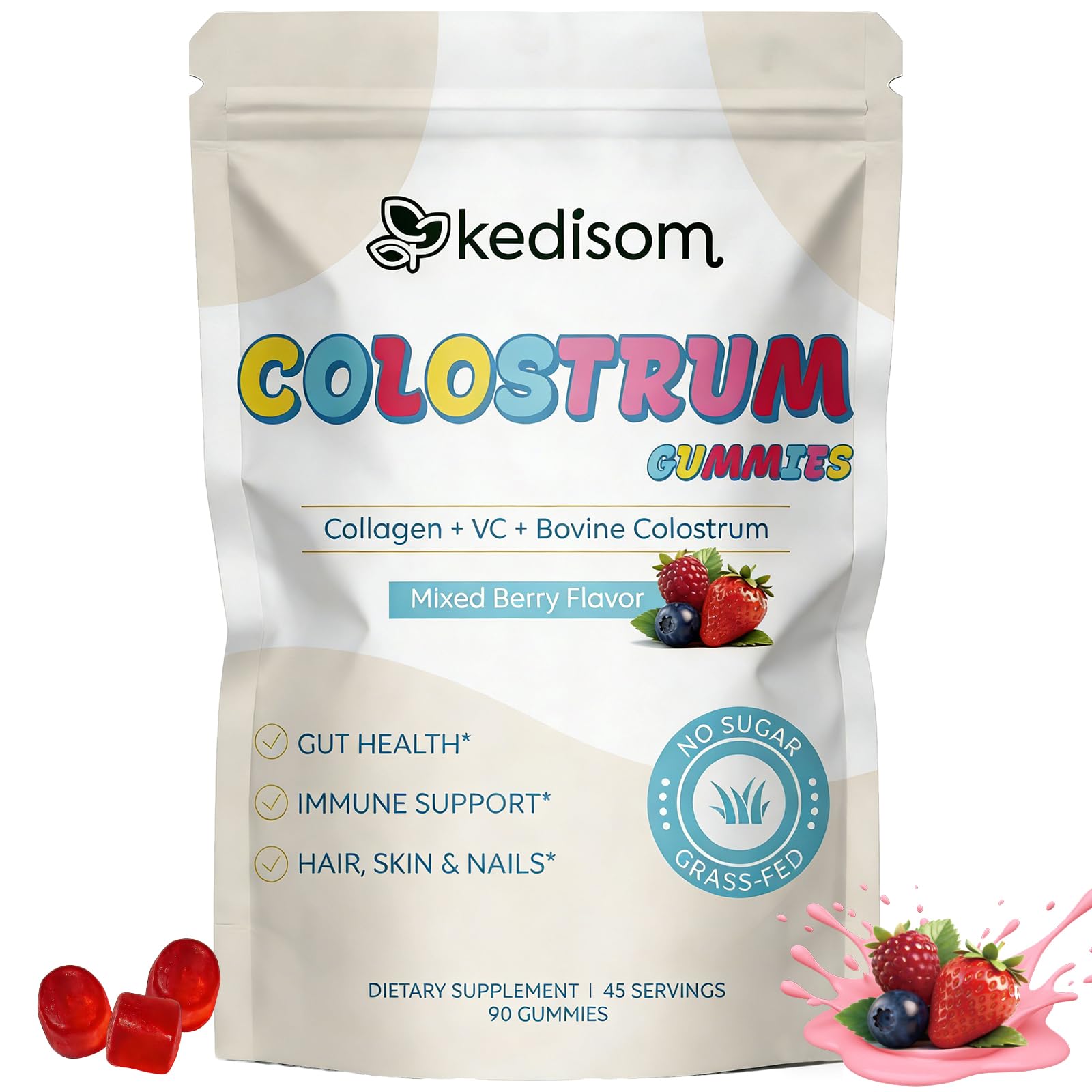 KEDISOM Colostrum Gummies, Grass Fed Colostrum Supplement, 90 Bovine Colostrum Gummies, 45 Servings, Mixed Berry, Sugar-Free - TrustMedUSA
