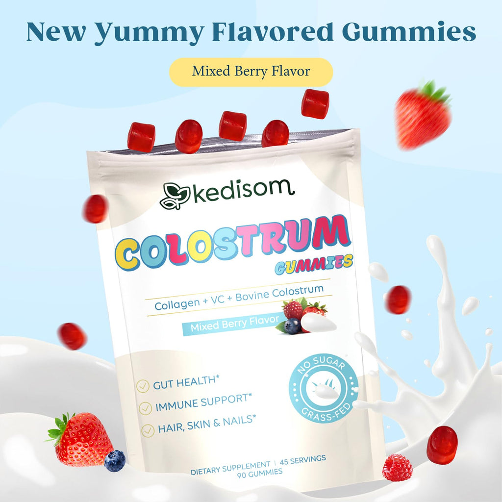 KEDISOM Colostrum Gummies, Grass Fed Colostrum Supplement, 90 Bovine Colostrum Gummies, 45 Servings, Mixed Berry, Sugar-Free - TrustMedUSA