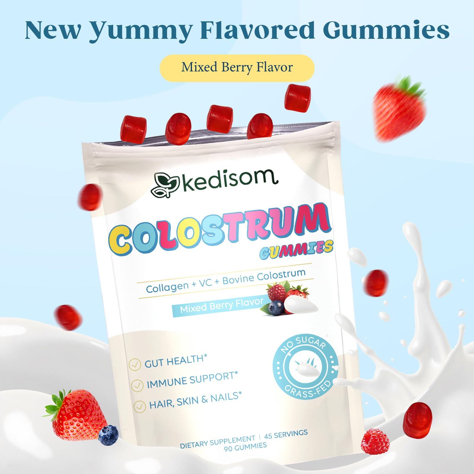 KEDISOM Colostrum Gummies, Grass Fed Colostrum Supplement, 90 Bovine Colostrum Gummies, 45 Servings, Mixed Berry, Sugar-Free - TrustMedUSA