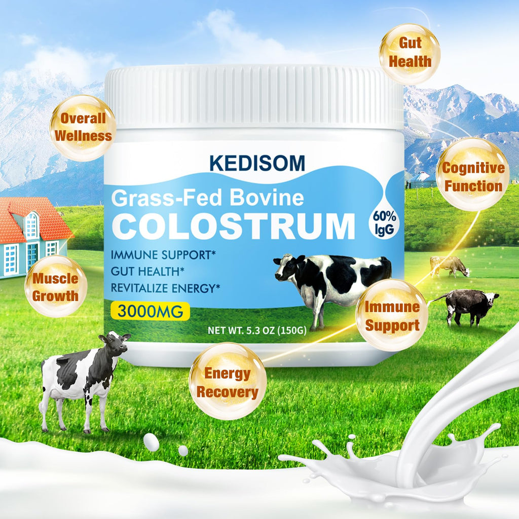 KEDISOM Grass-Fed Bovine Colostrum Supplement Powder - 60% High IgG 3000 mg for Gut Health, Immune Support - Easy to Mix Natural Liposomal Colostrum Superfood, Unflavored, 50 Servings - TrustMedUSA