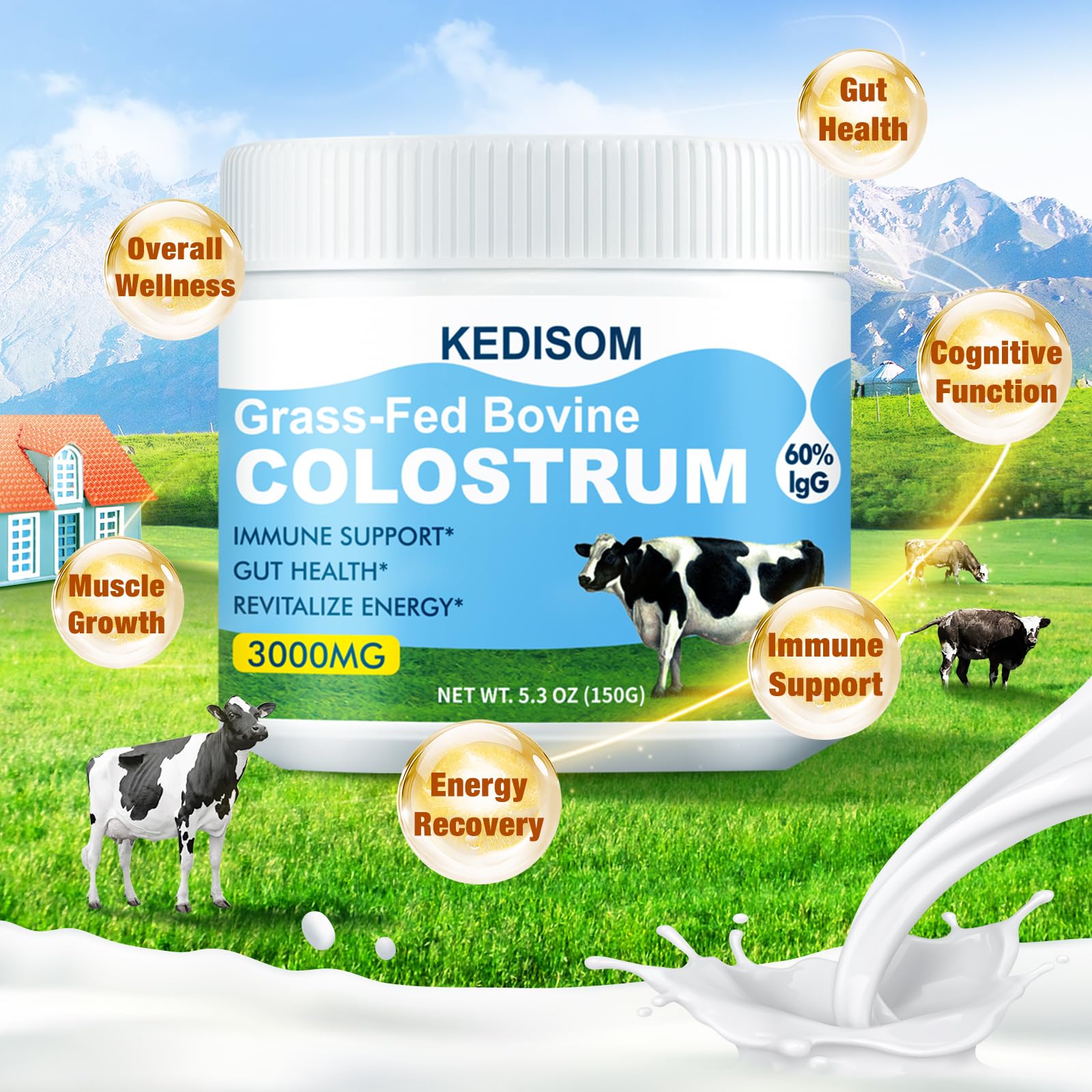 KEDISOM Grass-Fed Bovine Colostrum Supplement Powder - 60% High IgG 3000 mg for Gut Health, Immune Support - Easy to Mix Natural Liposomal Colostrum Superfood, Unflavored, 50 Servings - TrustMedUSA