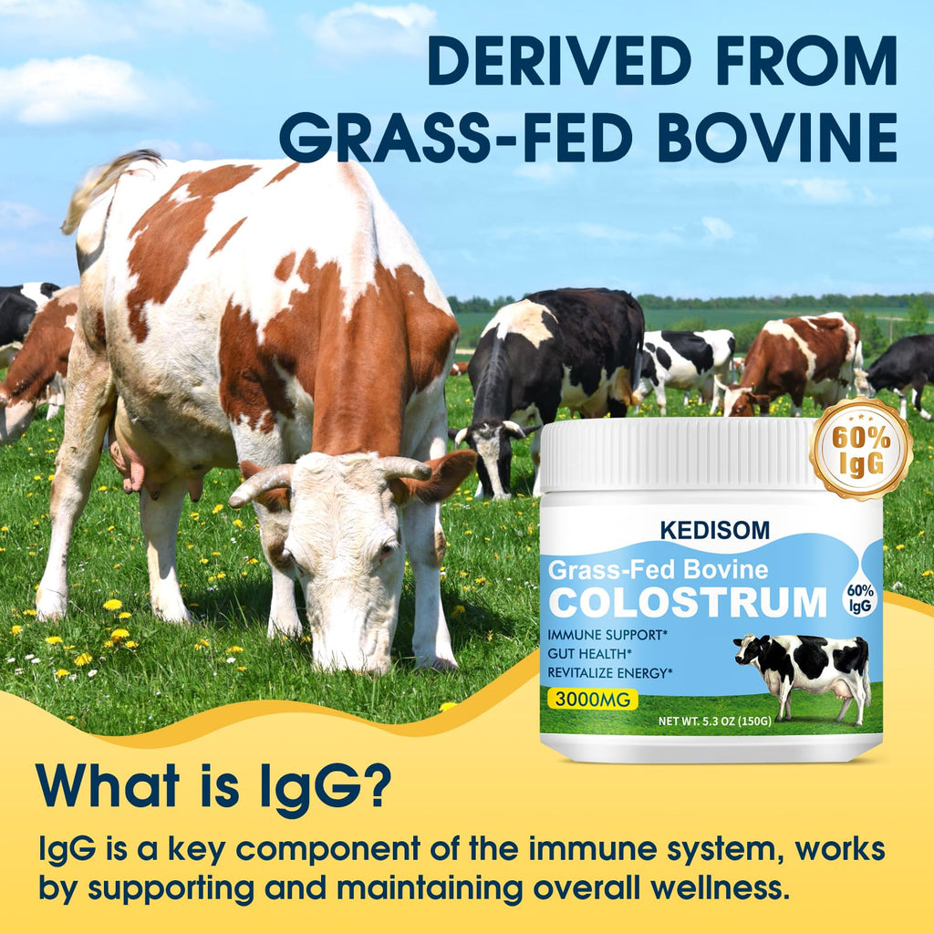 KEDISOM Grass-Fed Bovine Colostrum Supplement Powder - 60% High IgG 3000 mg for Gut Health, Immune Support - Easy to Mix Natural Liposomal Colostrum Superfood, Unflavored, 50 Servings - TrustMedUSA