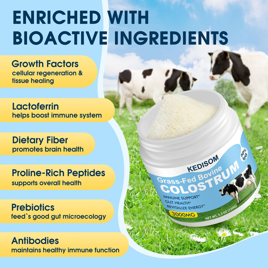 KEDISOM Grass-Fed Bovine Colostrum Supplement Powder - 60% High IgG 3000 mg for Gut Health, Immune Support - Easy to Mix Natural Liposomal Colostrum Superfood, Unflavored, 50 Servings - TrustMedUSA