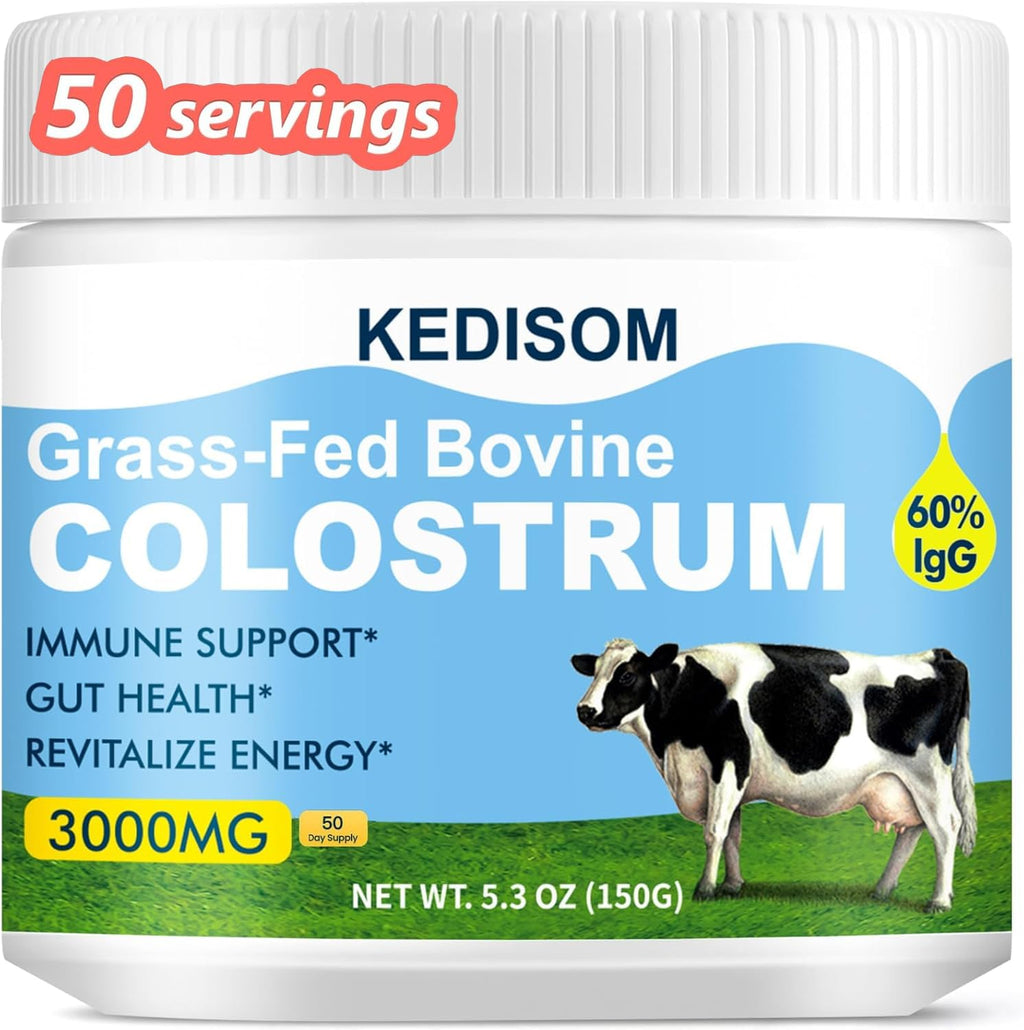 KEDISOM Grass-Fed Bovine Colostrum Supplement Powder - 60% High IgG 3000 mg for Gut Health, Immune Support - Easy to Mix Natural Liposomal Colostrum Superfood, Unflavored, 50 Servings - TrustMedUSA