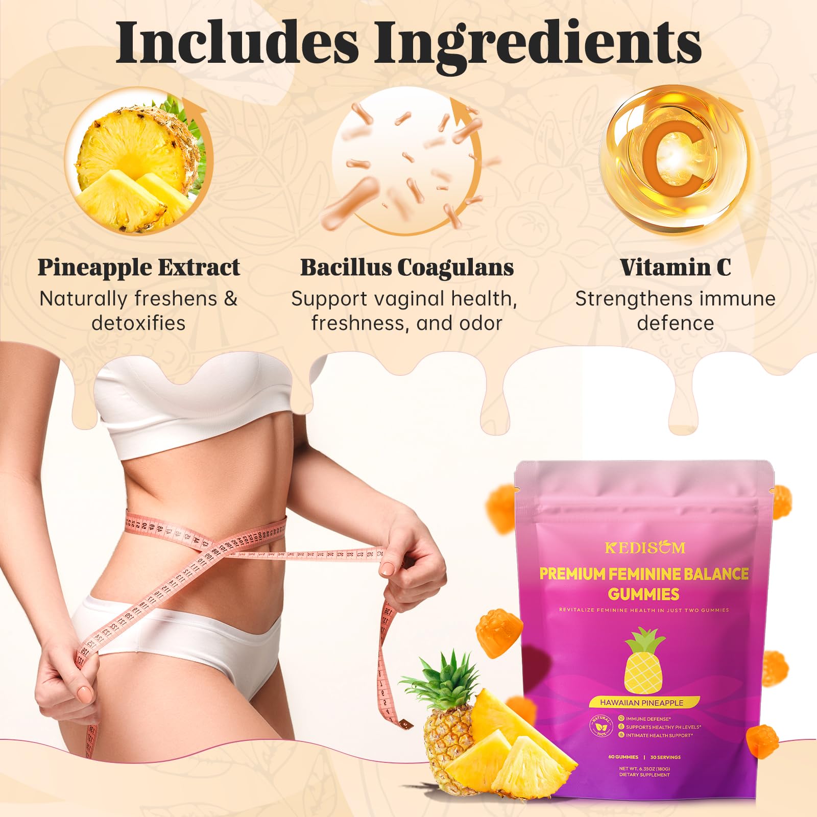KEDISOM Premium Feminine Balance Gummies - for Women’s Health & Wellness - Immune Support - Vegan, Gluten-Free - Hawaiian Pineapple - 60 Gummies - 30 Servings - TrustMedUSA